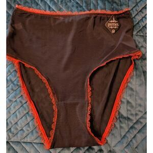 Prettier Brand Women's Silky Panties Black Orange Ruffle Size Med Sheer NWT